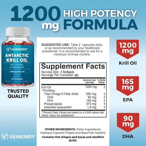Antarctic Krill Oil Supplement - EPA, DHA, Astaxanthin Phospholipids, Heart, Brain, Joint Eye Health - 120 Capsules - Image 2