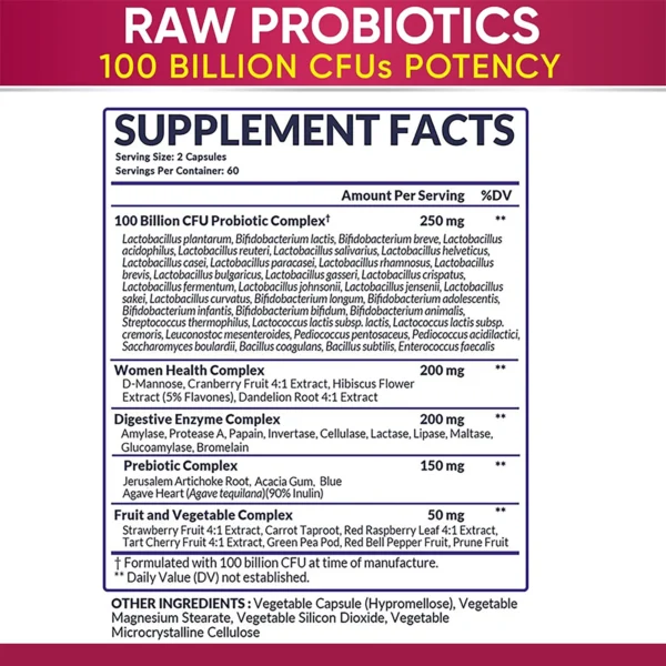 Raw Probiotics for Women - 100 Billion CFU, with Prebiotics,Digestive Enzymes - Promotes Digestion and Gut Health - 120 Capsules - Image 2