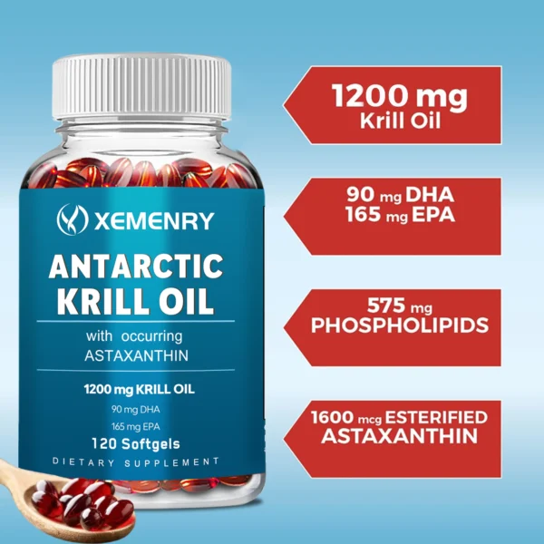 Antarctic Krill Oil Supplement - EPA, DHA, Astaxanthin Phospholipids, Heart, Brain, Joint Eye Health - 120 Capsules - Image 3