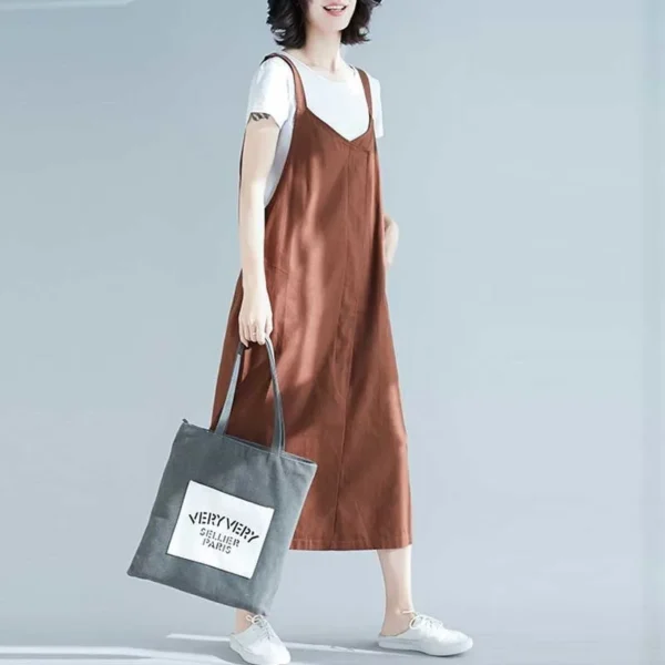 Cotton Linen Dress Women Summer Sleeveless Spaghetti Strap Casual Dress New 2020 Vintage Style V-neck Female Long Dresses P1154 - Image 2