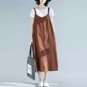 Cotton Linen Dress Women Summer Sleeveless Spaghetti Strap Casual Dress New 2020 Vintage Style V-neck Female Long Dresses P1154