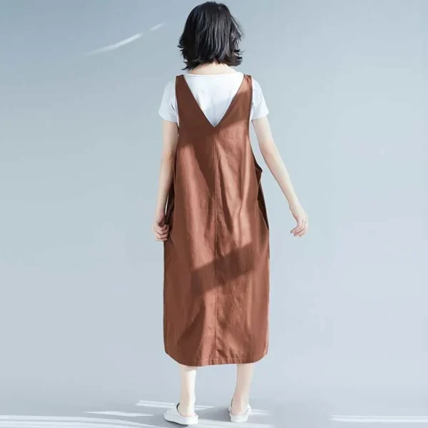 Cotton Linen Dress Women Summer Sleeveless Spaghetti Strap Casual Dress New 2020 Vintage Style V-neck Female Long Dresses P1154 - Image 3