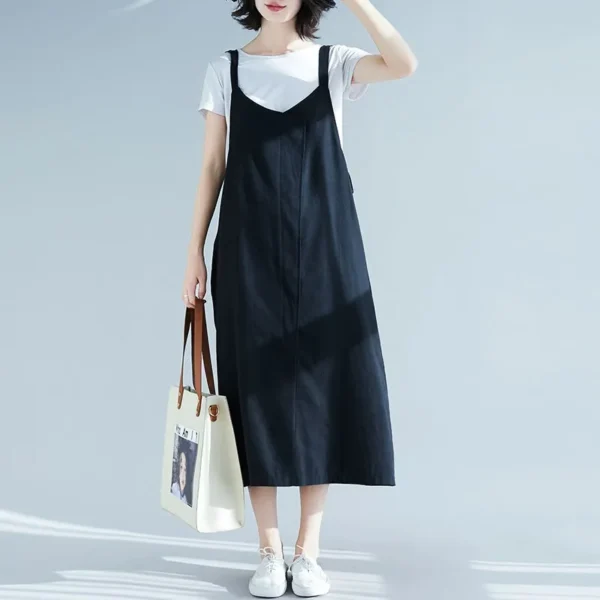 Cotton Linen Dress Women Summer Sleeveless Spaghetti Strap Casual Dress New 2020 Vintage Style V-neck Female Long Dresses P1154 - Image 4