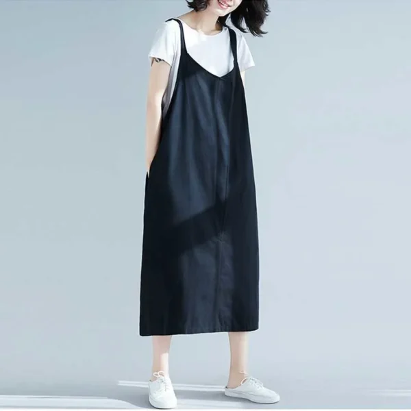 Cotton Linen Dress Women Summer Sleeveless Spaghetti Strap Casual Dress New 2020 Vintage Style V-neck Female Long Dresses P1154 - Image 6