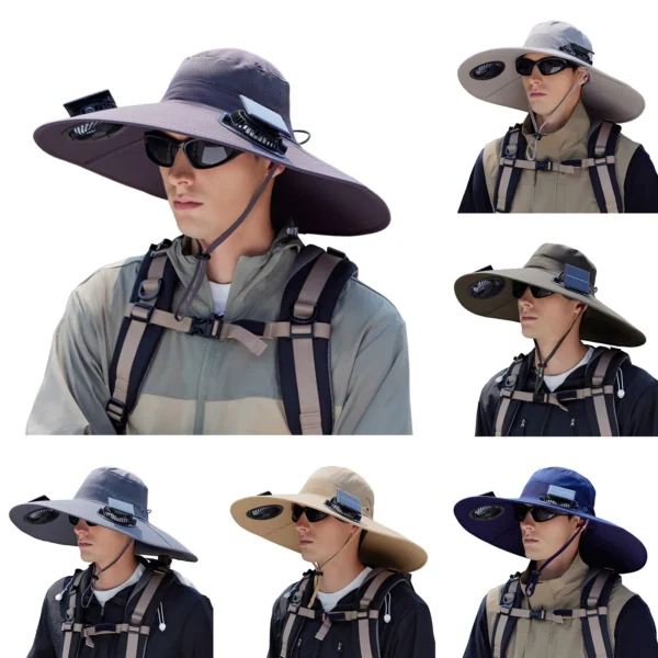 Outdoor Wide Brim Sun Hat With 2 Solar Fan Sun Bucket Hat For Men Women Upf 50+ Bucket Fishing & Beach Hat With Fan Hat Hat Blue - Image 5