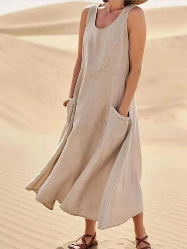 Women Coton Linen Sundress Summer Female Sleeveless Double Big Pocket Loose Sand Beachwear Long Dress Oversized S-5XL LRFZ-818 - Image 18