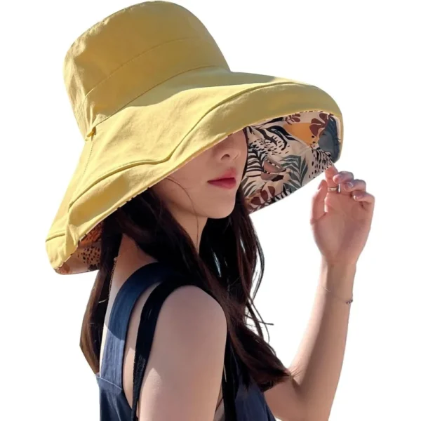 Women Wide Brim Summer Sun Hat Wired Edge Beach Bucket Fishing Hats Reversible Foldable Travel UV Protection