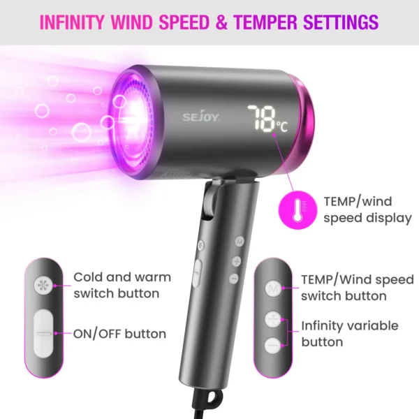 SEJOY Ionic Hair Dryer With Negative Ion Temp Setting for Home LED Display Portable Lightweight Blow Dryer No Hair Damage - Image 5
