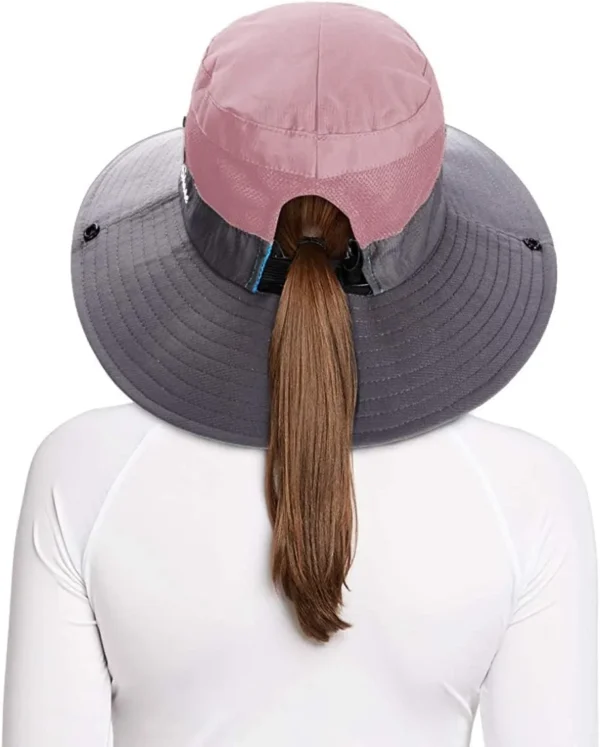 Ponytail Sun Bucket Hats for Women UV Protection Foldable Mesh Wide Brim Hiking Beach Fishing Summer Safari - Image 2