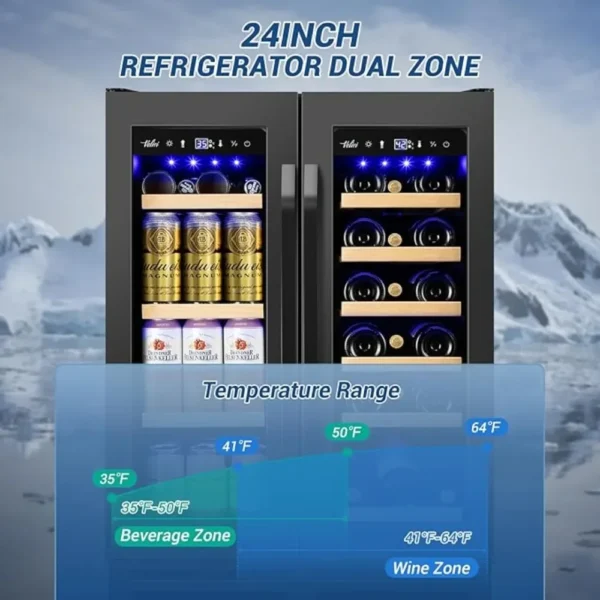 Wine and Beverage Refrigerator Black, 24 Inch Beverage Cooler Under Counter Dual Zone with Glass Door&Lock - Image 2