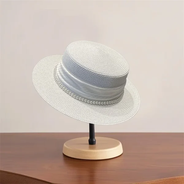 Elegant Women s Wide Brim Straw Hat with Pearl Embellishments for Stylish UV Protection at the Beach or on Holiday - Image 4