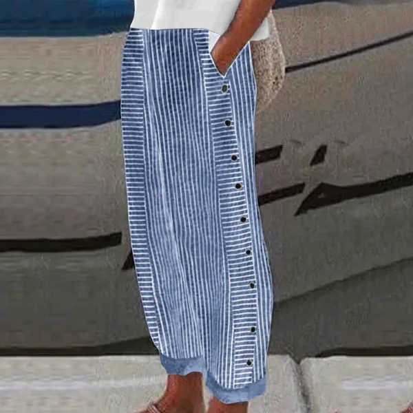 Long Linen Pants Women Women Summer Fashion Striped Print Button Casual Versatile Loose High Waist Yoga Dress Pants For Women - Image 3