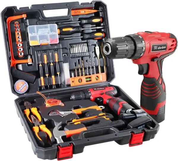 Tool Set with Drill, 108Pcs Cordless Drill Household Power Tools Set with 16.8V Lithium Driver Claw Hammer Wrenches Pliers DIY A