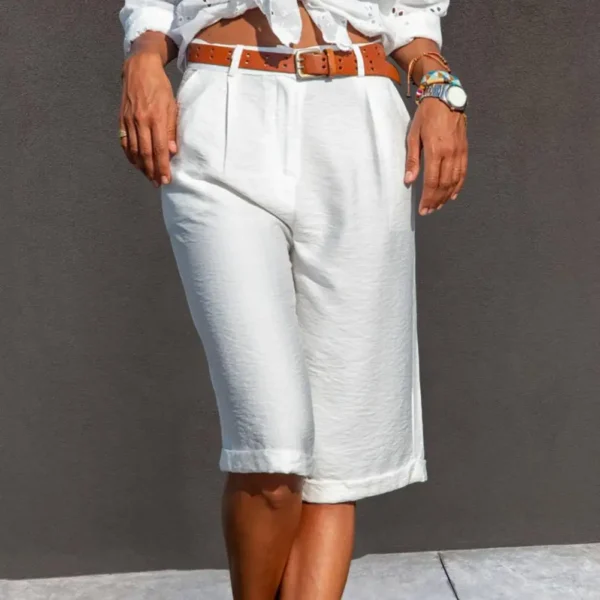 Cotton Linen Women's Summer Shorts High Waist Knee Length Straight Office Lady Elegant White Black Casual Short Pants (NO Belt) - Image 5
