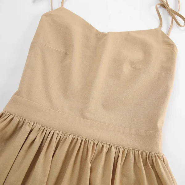 DSMTRC Women 2024 Elegant Lace-Up Pockets A-Line Dresses Summer Sexy Backless Party Pleated Dress Fashion Brown Linen Long Dress - Image 11