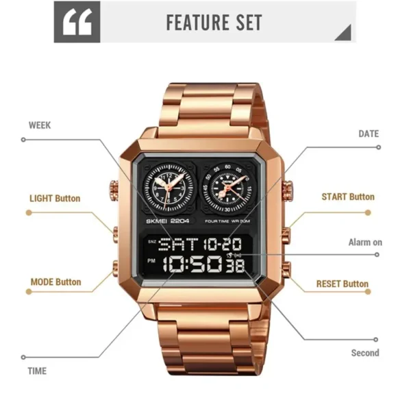 SKMEI Genuine Men's Electronic Watch Square Countdown Mary Gold Stainless Steel Strap 4 Time Timer Alarm Clock EL Luminous 2204 - Image 6