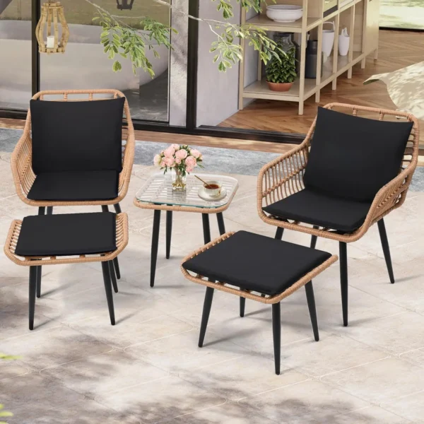 5 Piece Wicker Bistro Patio Conversation Furniture Set, Includes 2 Chairs, 2 Ottomans, and Side Table, Ideal for Porch, Balcony, - Image 4