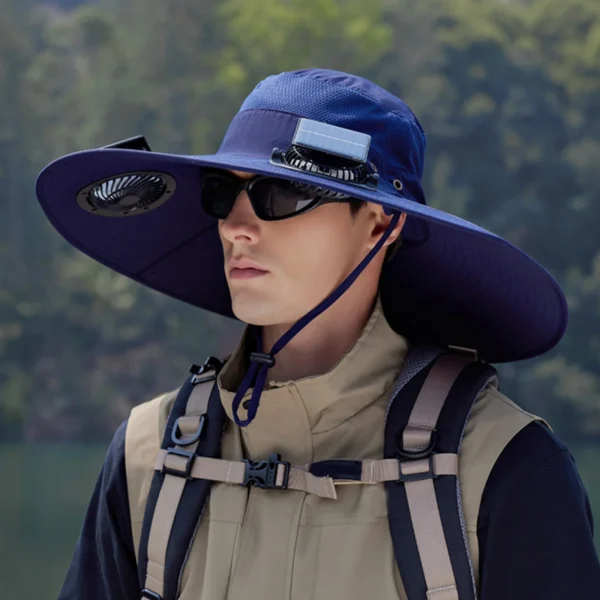 Outdoor Wide Brim Sun Hat With 2 Solar Fan Sun Bucket Hat For Men Women Upf 50+ Bucket Fishing & Beach Hat With Fan Hat Hat Blue - Image 4