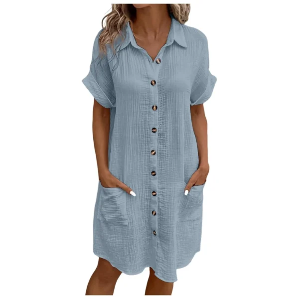 Women'S Fashion Summer Minimalist V-Neck Button Up Dress Woman Cotton Linen White Short Sleeved Pocket Casual Loose Shirt Dress - Image 8