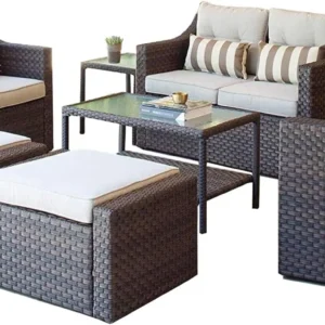 Outdoor Patio Furniture Set 7-Piece Brown Wicker Conversation Furniture Set Patio Lounge Chairs with Ottoman & Loveseat