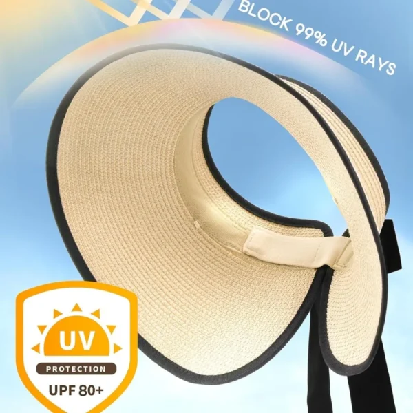 Sun Visors for Women Wide Brim Beach Hat Foldable Straw Visor Hat Ponytail Summer Packable - Image 2