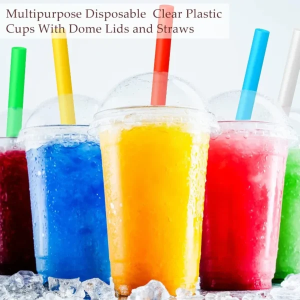 100 Sets Clear Plastic Cups with Dome Lids and Colorful Straws, Disposable Slushie Smoothie Cups PET Beverage for Party - Image 4