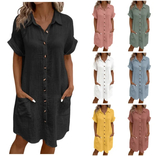 Women'S Fashion Summer Minimalist V-Neck Button Up Dress Woman Cotton Linen White Short Sleeved Pocket Casual Loose Shirt Dress - Image 5