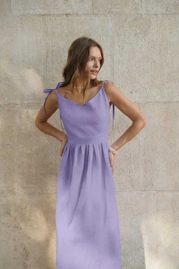 DSMTRC Women 2024 Elegant Lace-Up Pockets A-Line Dresses Summer Sexy Backless Party Pleated Dress Fashion Brown Linen Long Dress - Image 18