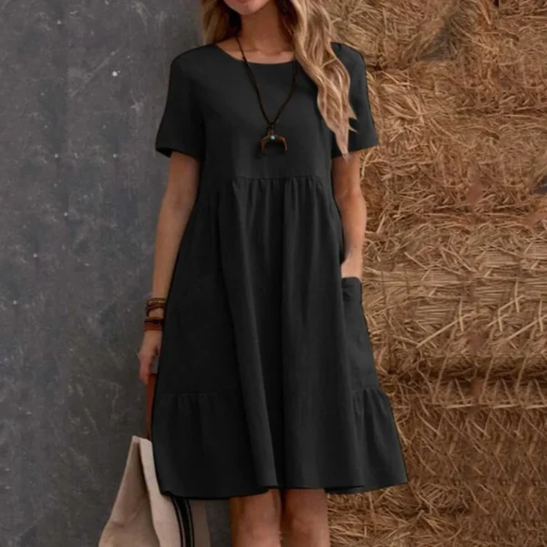 Evening Dresses Outfits Women Fashion Solid Vintage Cotton And Linen Loose Pocket Round Neck Short Sleeve Vestido Mujer Elegante - Image 2