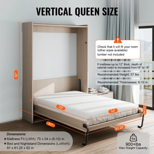 VEVOR Murphy Bed Kit Full Size Vertical Deluxe DIY Wall Mechanical Hardware Pneumatic Lever Heavy Duty Frame for Guestroom - Image 3