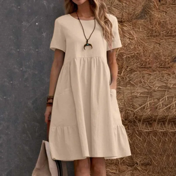 Evening Dresses Outfits Women Fashion Solid Vintage Cotton And Linen Loose Pocket Round Neck Short Sleeve Vestido Mujer Elegante