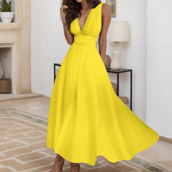 Women'S Fashion Casual Dresses Spring And Summer Solid Color Sleeveless V Neck Side Zipper Style Long Dress Elegant Sundress - Image 3