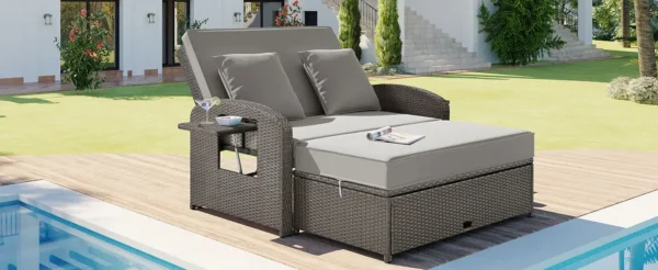 TOPMAX PE Wicker Rattan Double Chaise Lounge, 2-Person Reclining Daybed with Adjustable Back and Cushions, Free Furniture Protec - Image 3