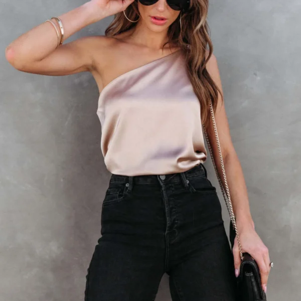 Summer Blouses For Women Fashion 2023 Sleeveless Satin Shirt Loose Casual Round Neck One Shoulder Camisole Camisas Y Blusas 블라우스 - Image 2