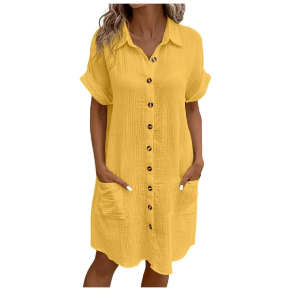 Women'S Fashion Summer Minimalist V-Neck Button Up Dress Woman Cotton Linen White Short Sleeved Pocket Casual Loose Shirt Dress - Image 11