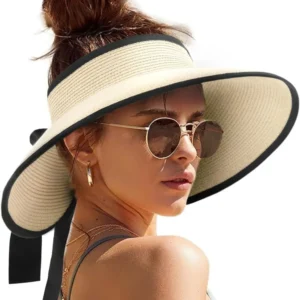 Sun Visors for Women Wide Brim Beach Hat Foldable Straw Visor Hat Ponytail Summer Packable