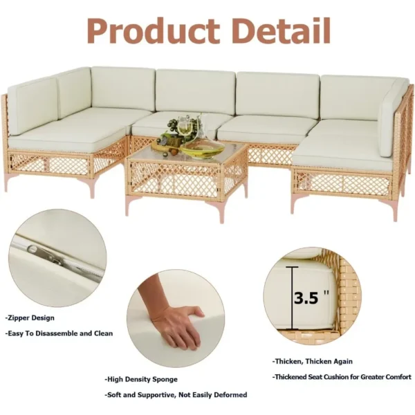 7 Piece Outdoor Patio Furniture Set, Patio Sectional Furniture Set, Wicker Outdoor Couch Sets with Glass Table and Cushions - Image 3