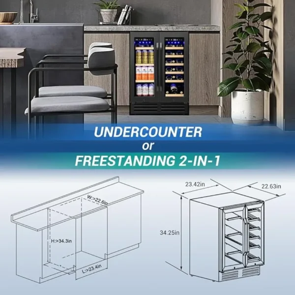Wine and Beverage Refrigerator Black, 24 Inch Beverage Cooler Under Counter Dual Zone with Glass Door&Lock - Image 6