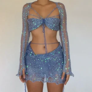 Women'S Fashion Long Sleeve Knit Crop Top Skirt Set 3 Piece Vintage Sequined Ribbed Sweater Suit Slimming Swimsuit Coverup