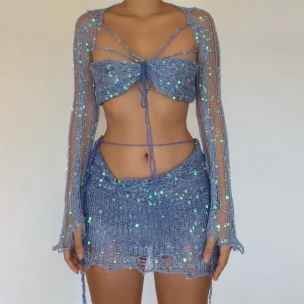 Women'S Fashion Long Sleeve Knit Crop Top Skirt Set 3 Piece Vintage Sequined Ribbed Sweater Suit Slimming Swimsuit Coverup