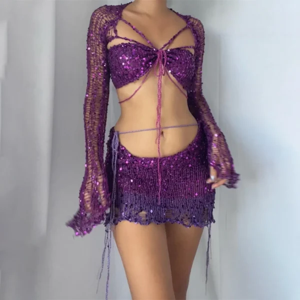 Women'S Fashion Long Sleeve Knit Crop Top Skirt Set 3 Piece Vintage Sequined Ribbed Sweater Suit Slimming Swimsuit Coverup - Image 3