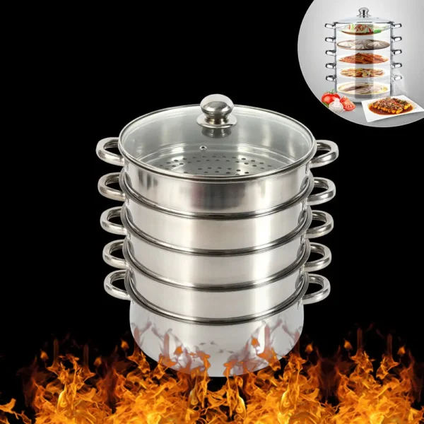 5 Tier 26 / 28 / 30cm Steam Cooker Steamer Pan Cook Food Veg Pot Stainless Steel - Image 2