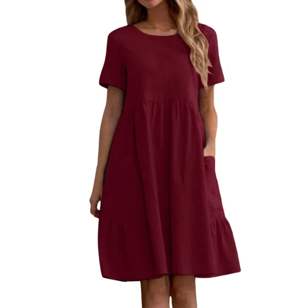 Evening Dresses Outfits Women Fashion Solid Vintage Cotton And Linen Loose Pocket Round Neck Short Sleeve Vestido Mujer Elegante - Image 9