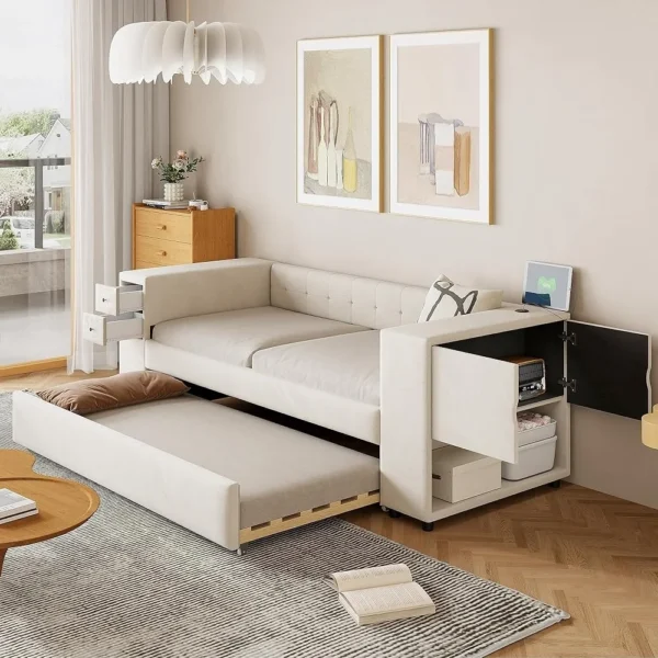 Velvet Upholstered Daybed with Twin Trundle USB Charging Port Storage Drawers Modern Guest Room Furniture Twin Size Frame - Image 6