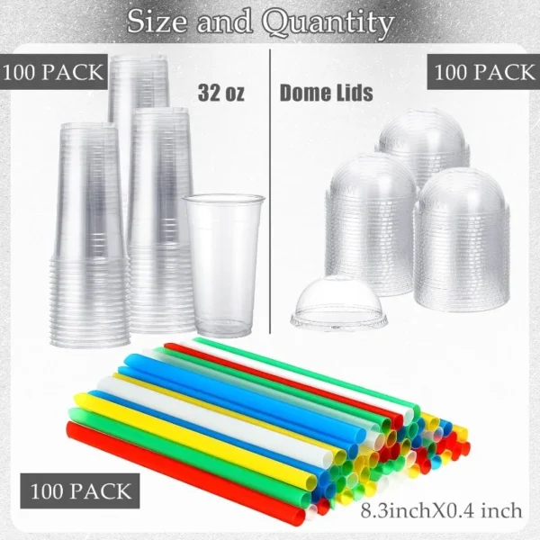 100 Sets Clear Plastic Cups with Dome Lids and Colorful Straws, Disposable Slushie Smoothie Cups PET Beverage for Party - Image 2