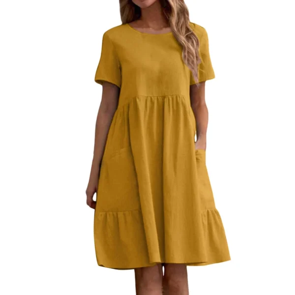 Evening Dresses Outfits Women Fashion Solid Vintage Cotton And Linen Loose Pocket Round Neck Short Sleeve Vestido Mujer Elegante - Image 10