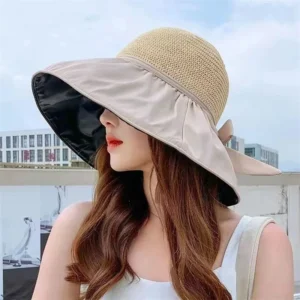 Women s Wide Brim Sun Hat with Bowknot Ribbon Lightweight Foldable UV Protection Bucket Hat for Outdoor Activities