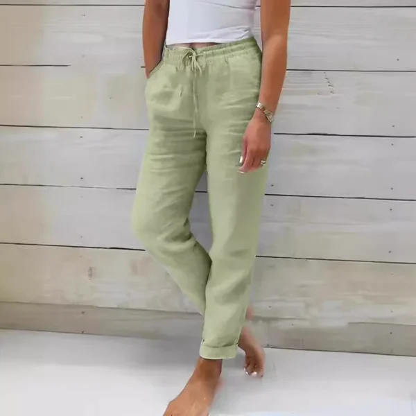Women Cotton Linen Pants Summer Female High Elastic Waist Drawstring Pocket Beachwear Holiday Straight Trousers JYFS-1044 - Image 4