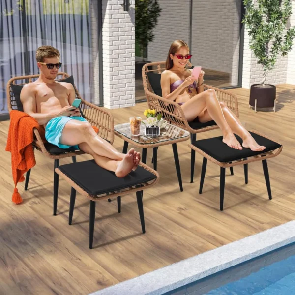 5 Piece Wicker Bistro Patio Conversation Furniture Set, Includes 2 Chairs, 2 Ottomans, and Side Table, Ideal for Porch, Balcony, - Image 2