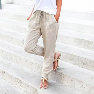 Tops Cotton Linen Drawstring Y2k Cargo Pants Women Streetwear Elastic Waist Pants Casual Trousers With Pockets Straight Trousers
